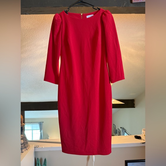 Calvin Klein Dresses & Skirts - Calvin Klein Red Long Sleeve Sheath Dress w/ Puff Sleeves